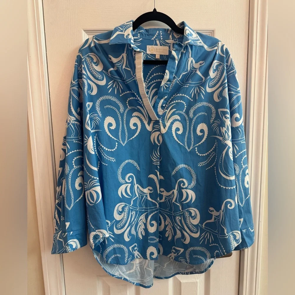SHERIDAN FRENCH Frankie Blue Monkey Print Tunic Top Long Sleeve Size Small